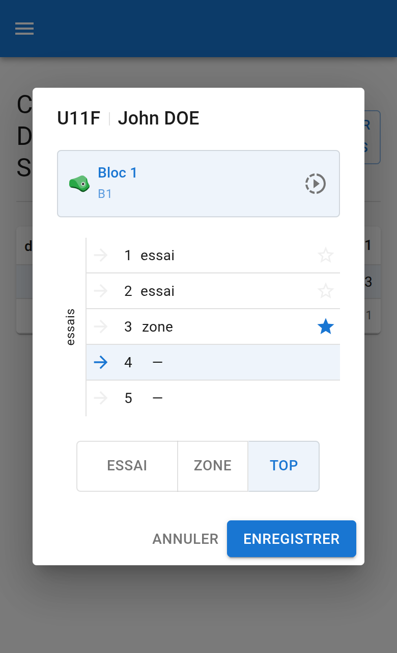Saisie bloc — boutons TOP / ZONE / ESSAI